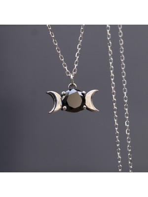 PremiumPort Iki Yanı Ay Şeklinde Oniks Taşlı 925 Gümüş Şık Kolye