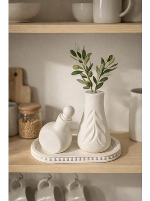 Sisay Home Dekoratif Vazo ve Tepsi Seti | Zeytin Dalı Silüetli| El Yapımı Mutfak Raf Dekoru | Bohem & Minimal