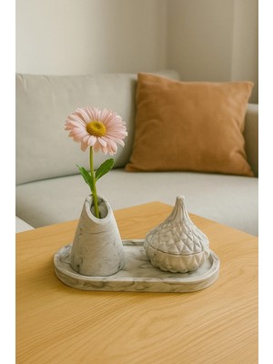 Sisay Home Kayık Asimetrik Kesim Vazo ve Kapaklı Dekoratif Kutu-Mermer Desen