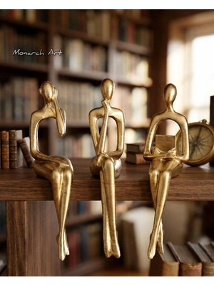 Monarch Art 3’lü Dekoratif Figür Seti - Gold Düşünen Okuyan Dinleyen Biblo - Ev Ofis Dekoru (10X3CM)