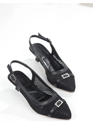 No 35 Moda Sivri Burun File Detaylı Taşlı Kadın Topuklu Ayakkabı