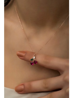 PremiumPort 925 Ayar Gümüş Rose Zirkon Taşlı Kiraz Kolye, Şıklık ve Zarafet Sizinle