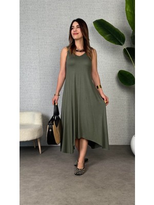 Lunelis Kadın Çan Dokuma Kumaş V Yaka Asimetrik Kesim Elbise