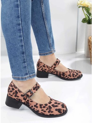 No 35 Moda Leopar Topuklu Tek Bant Kadın Babet