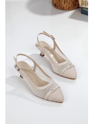 No 35 Moda Sivri Burun File Detaylı Taşlı Kadın Topuklu Ayakkabı