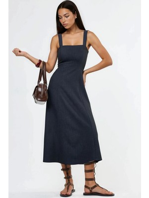 Hiccup Kadınlar Qu Style Kare Yaka A-Line Midi Elbise Lacivert
