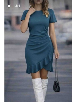 Hyem Kadın Kısa Kollu Bisiklet Yaka Önden Volanlı Ithal Krep Elbise