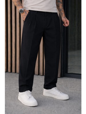 Damga Erkek Relax Fit Yüksek Bel Pileli Siyah Kumaş Pantolon
