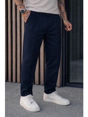 Damga Erkek Relax Fit Yüksek Bel Pileli Lacivert Kumaş Pantolon
