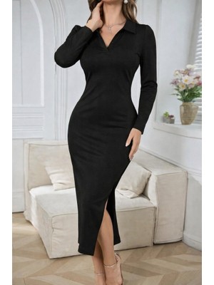 Lunelis Kadın Uzun Kollu Yakalı Yandan Yırtmaçlı Midi Modal Elbise