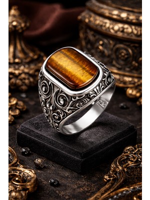 Siset Gümüş 925  Ayar  Motifli  Kaplan Gözü  Erkek  Gümüş  Yüzük