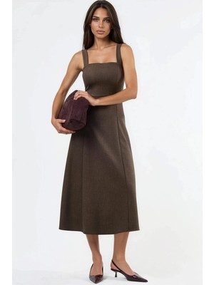 Hiccup Kadınlar Qu Style Kare Yaka A-Line Midi Elbise Kahve Kahvesi