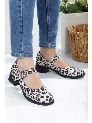No 35 Moda Leopar Topuklu Tek Bantlı Kadın Babet