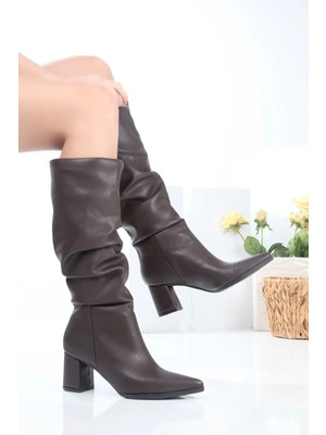 No 35 Moda Sivri Burun Büzgülü Kadın Topuklu Fermuarsız Çizme
