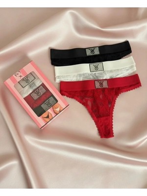 Pink Cadillac Taş Dantel Detaylı Şık 3'lü Tanga Seti (Özel Kutulu)