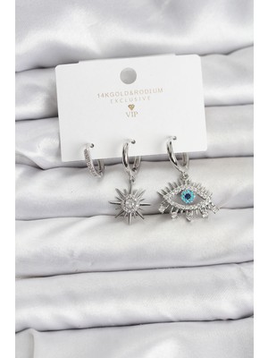 ForWhat Büro Ev Ofis Kadın Kulakları Için Silver Pirinç Göz Stil Üçlü Kadın Küpe Seti