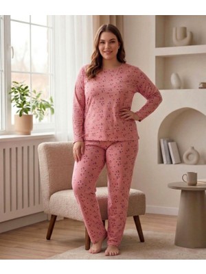 Time Moda Kadın Büyük Beden Pijama Takımı Kalp Desenli Milan Ince Kumaş –dar Kalıp
