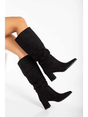 No 35 Moda Sivri Burun Büzgü Kadın Topuklu Fermuarsız Çizme