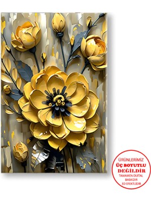 Harikabirev Kanvas-Duvar-Salon Tablosu Yağlı Boya Efektli Sarı Çiçekli-Sr2|tekli Dikey Çerçevesiz Tablo