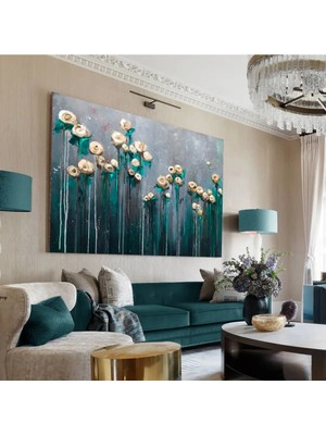 Harikabirev|turkuaz-Krem Çiçek Tablosu|tekli Çerçevesiz Yatay Kanvas Tablo