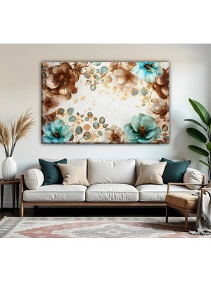 Harikabirev | Su Yeşili-Kahve Çiçek Desenli Modeli | Tekli Yatay Kanvas Tablo