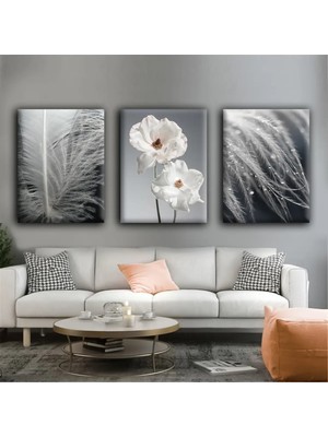 Harikabirev Gri-Beyaz Çiçek Tüy Modern Tablo | 3lü Dikey Çerçevesiz Kanvas Tablo Çsdkyknvs