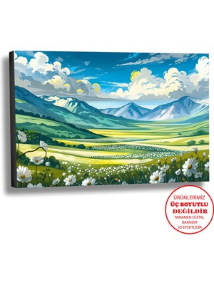 Harikabirev Kanvas-Duvar-Salon Tablosu Yağlı Boya Efektli Manzara Yeşil Kır Art|tekli Yatay Çerçevesiz