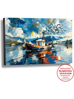 Harikabirev Kanvas-Duvar-Salon Tablosu Yağlı Boya Efektli Manzara Issız Tekne 3 Art|tekli Yatay Çerçevesiz