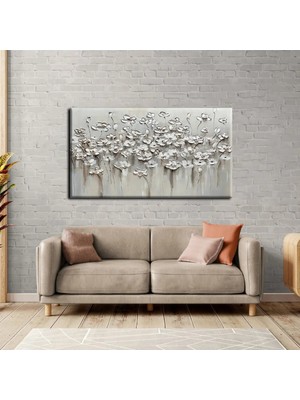 Harikabirev|krem-Gri Soft Yağlı Boya Efetkli Çiçek Tablosu|tekli Çerçevesiz Yatay Kanvas Tablo