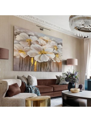Harikabirev|gold Krem Çiçek Tablosu |tekli Çerçevesiz Kanvas Tablo