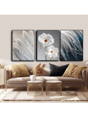 Harikabirev Beyaz Çiçek Modern TABLO01 | 3lü Dikey Çerçevesiz Kanvas Tablo Çsdkyknvs