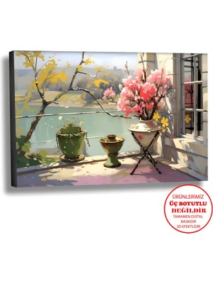 Harikabirev Kanvas-Duvar-Salon Tablosu Yağlı Boya Efektli Manzara Pencere Çiçekler Art|tekli Yatay Çerçevesiz