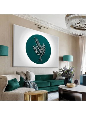 Harikabirev|beyaz-Yeşil-Gümüş Buğday Yapraği Detayli Tablo|tekli Çerçevesiz Yatay Kanvas Tablo