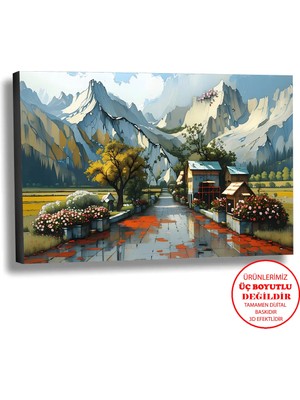 Harikabirev Kanvas-Duvar-Salon Tablosu Yağlı Boya Efektli Manzara Çiçekli Dağ Evi Art|tekli Yatay Çerçevesiz