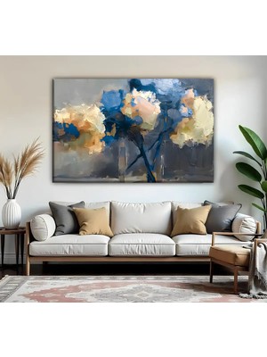 Harikabirev | Mavisarı Soyut Çiçek Desenli Modeli| Tekli Yatay Kanvas Tablo