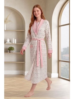 Mecit Pijama Mecit 6359 Pembe Kadın Uzun Sabahlıklı Gecelik Takım