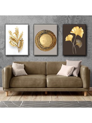 Harikabirev Altın Yaprak Desenli Etnik Tablo |3lü Dikey Çerçevesiz Kanvas Tablo Çsdkyknvs
