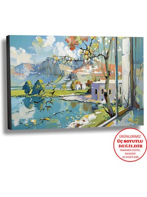 Harikabirev Kanvas-Duvar-Salon Tablosu Yağlı Boya Efektli Manzara Pencere Göl Art|tekli Yatay Çerçevesiz