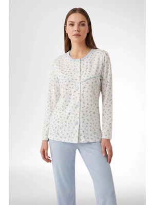 Mecit Pijama Mecit 6362 Mavi %100 Pamuk Boydan Düğmeli Büyük Beden Kadın Pijama Takımı