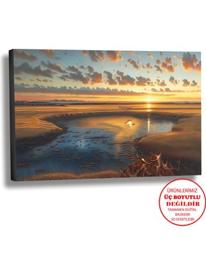 Harikabirev Kanvas-Duvar-Salon Tablosu Yağlı Boya Efektli Manzara Sonbahar Gölü Art|tekli Yatay Çerçevesiz