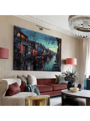 Harikabirev|mavi-Kırmızı-Siyah Venedik Manzara Tablosu 1|tekli Çerçevesiz Yatay Kanvas Tablo