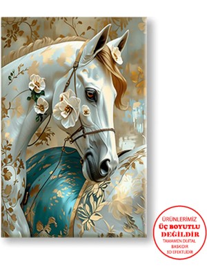 Harikabirev Kanvas-Duvar-Salon Tablosu Yağlı Boya Efektli Turkuaz-Gold At |tekli Dikey Çerçevesiz Tablo