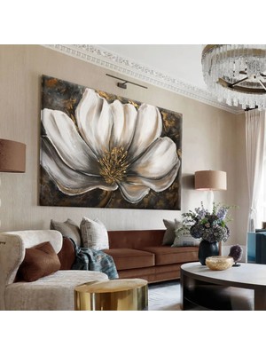 Harikabirev|beyaz-Gold-Siyah Çiçek Tablosu 4|tekli Çerçevesiz Yatay Kanvas Tablo
