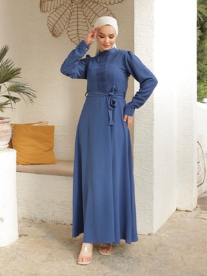 Moda Morfo Çıma Detaylı Kemerli Ayrobin Elbise  -İndigo