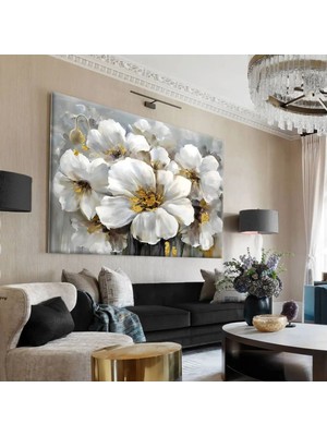 Harikabirev Hari?kabi?rev|gold-Gri?-Beyaz Çi?çek Demeti? Tablosu|tekli? Çerçevesi?z Yatay Kanvas Tablo