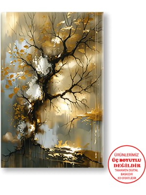 Harikabirev Kanvas-Duvar-Salon Tablosu Yağlı Boya Efektli Gold Ağaç|tekli Dikey Çerçevesiz Tablo