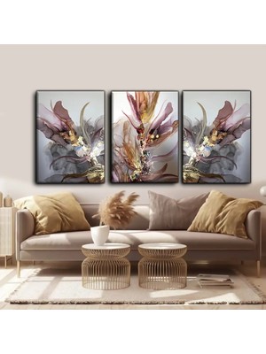 Harikabirev Pembe-Gold Çiçek Soyut Tablosu |3lü Dikey Çerçevesiz Kanvas Tablo Çsdkyknvs