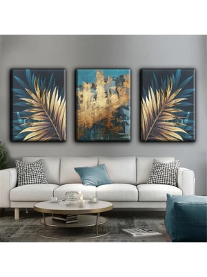 Harikabirev Turkuaz Gold Yapraklı Tablosu |3lü Dikey Çerçevesiz Kanvas Tablo Çsdkyknvs