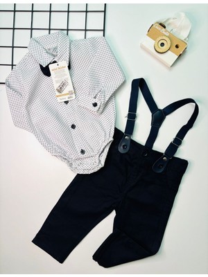 Cacobebiş K Erkek Bebek Gömlek Zıbın Papyon Pantolon Askısı ve Pantolon 4'lü Bayramlık Salopet Takım