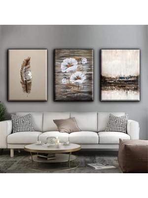 Harikabirev Kahverengi Beyaz Çiçekli Tablo 02 |3lü Dikey Çerçevesiz Kanvas Tablo Çsdkyknvs